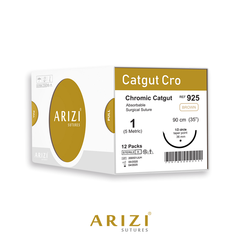 Sutura Catgut Cro 925: Cromico 1 - 90 cm - Aguja de 1/2 Circulo Punta Conica 36 mm Caja x 12 Unds ARIZI Absorbible