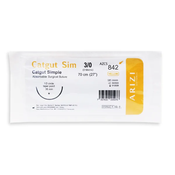 Sutura Catgut Sim 842: Simple 3/0 - 70 cm - Aguja de 1/2 Circulo Punta Conica 36 mm Und ARIZI Absorbible