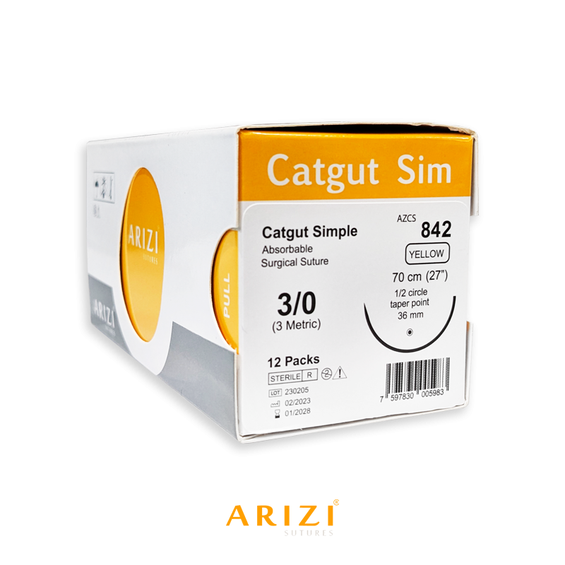 Sutura Catgut Sim 842: Simple 3/0 - 70 cm - Aguja de 1/2 Circulo Punta Conica 36 mm Caja x 12 Unds ARIZI Absorbible