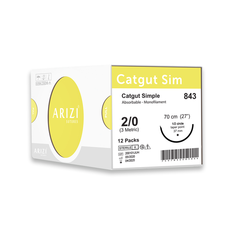 Sutura Catgut Sim 843: Simple 2/0 - 70 cm - Aguja de 1/2 Circulo Punta Conica 37 mm Caja x 12 Unds ARIZI Absorbible