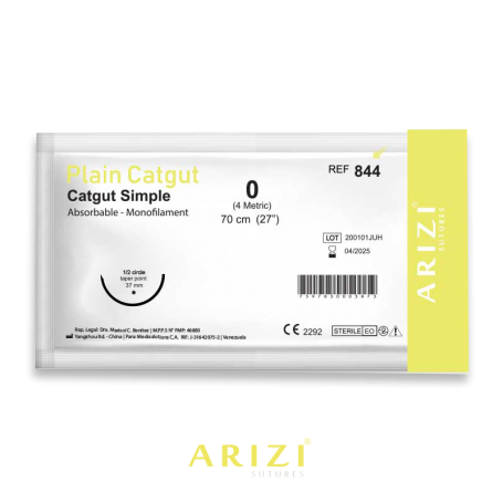 Sutura Catgut Sim 844: Simple 0 - 70 cm - Aguja de 1/2 Circulo Punta Conica 37 mm Und ARIZI Absorbible