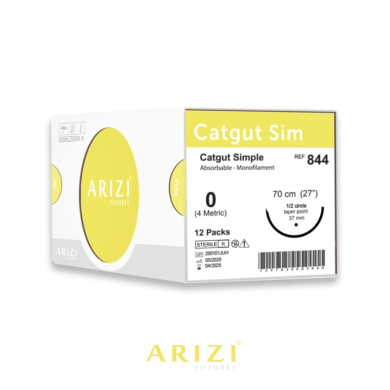 Sutura Catgut Sim 844: Simple 0 - 70 cm - Aguja de 1/2 Circulo Punta Conica 37 mm Caja x 12 Unds ARIZI Absorbible