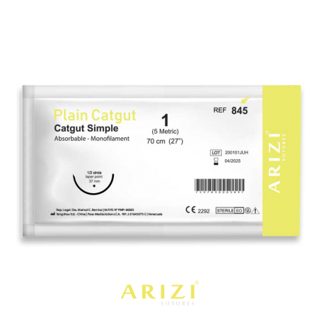 Sutura Catgut Sim 845: Simple 1 - 70 cm - Aguja de 1/2 Circulo Punta Conica 37 mm Und ARIZI Absorbible