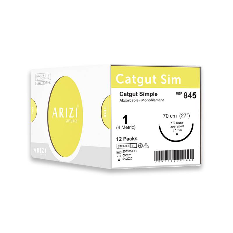 Sutura Catgut Sim 845: Simple 1 - 70 cm - Aguja de 1/2 Circulo Punta Conica 37 mm Caja x 12 Unds ARIZI Absorbible