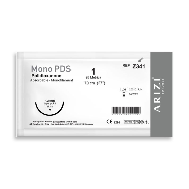 Sutura Mono PDS Z341: Polioxanone 1 - 70 cm - Aguja de 1/2 Circulo Punta Conica 37 mm Und ARIZI Absorbible
