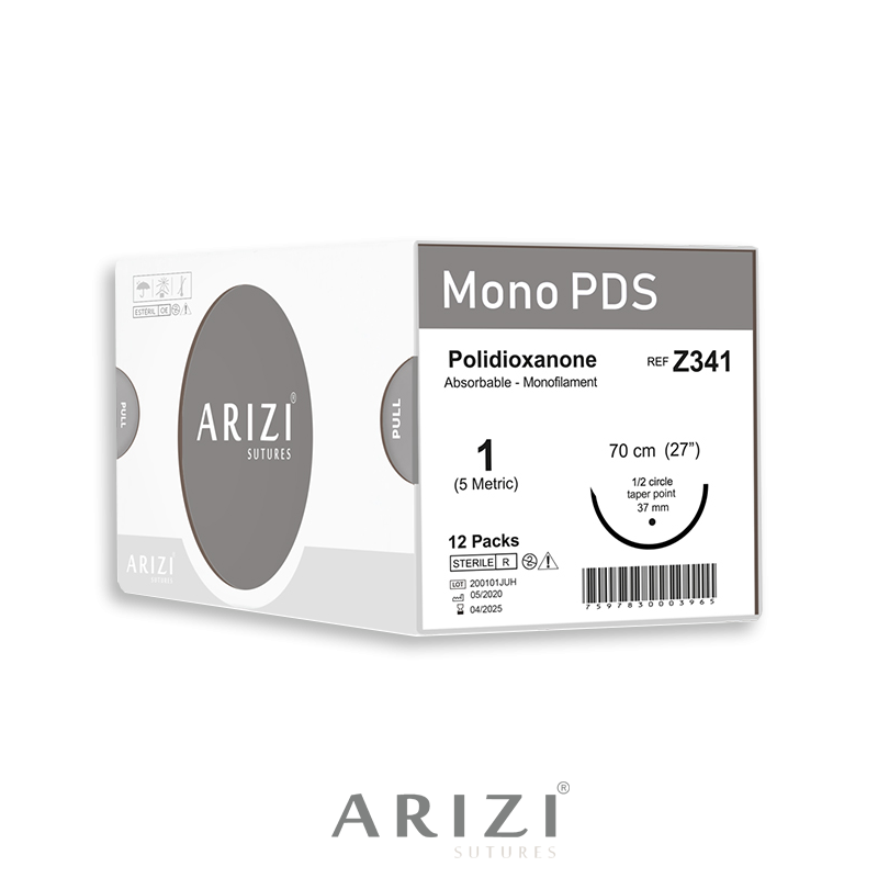 Sutura Mono PDS Z341: Polioxanone 1 - 70 cm - Aguja de 1/2 Circulo Punta Conica 37 mm Caja x 12 Unds ARIZI Absorbible