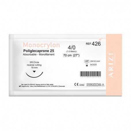 Sutura Monocrylon 426: Poliglecaprone 25 4/0 - 70 cm - Aguja de 3/8 Corte inverso 19 mm Und ARIZI Absorbible