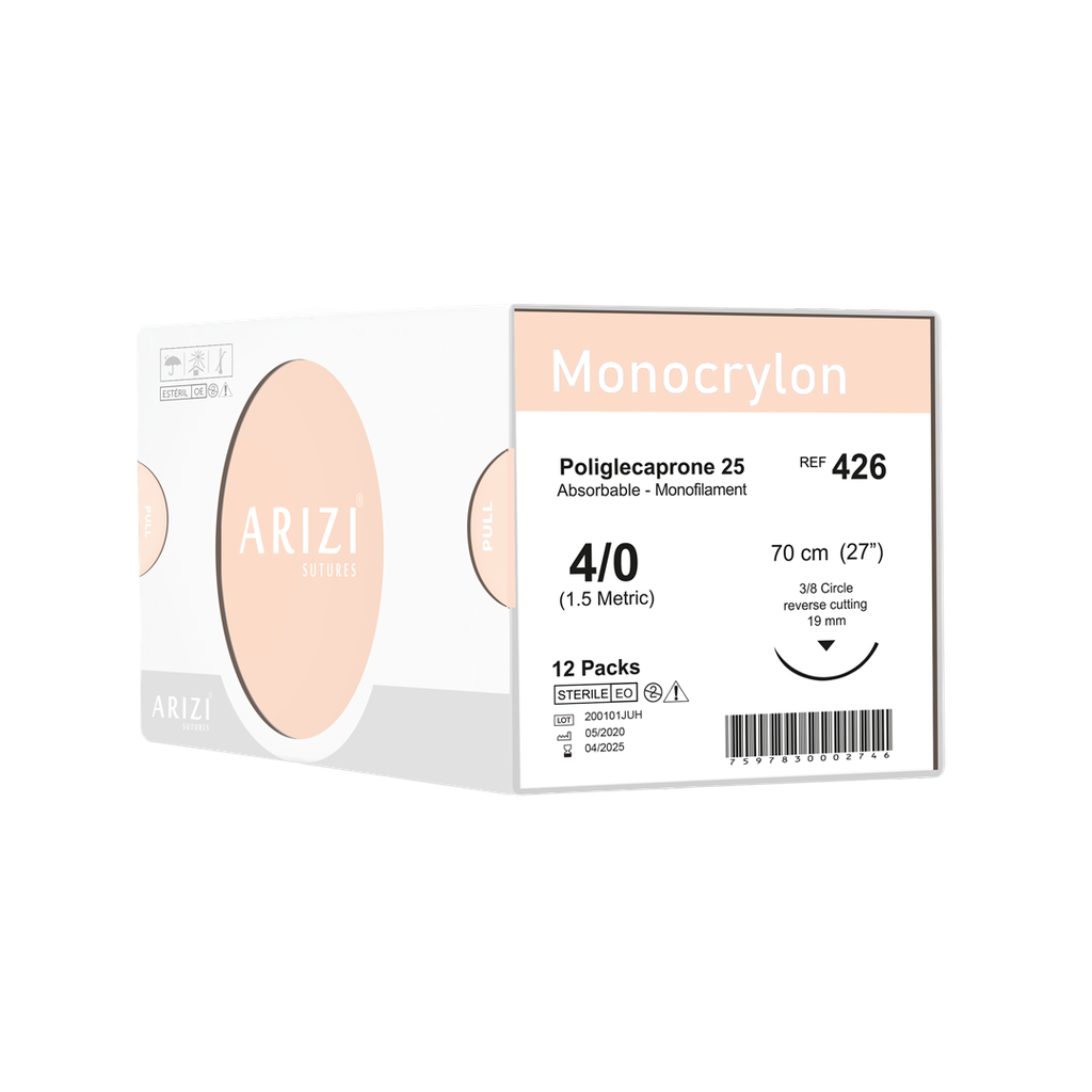 Sutura Monocrylon 426: Poliglecaprone 25 4/0 - 70 cm - Aguja de 3/8 Corte inverso 19 mm Caja x 12 Unds ARIZI Absorbible
