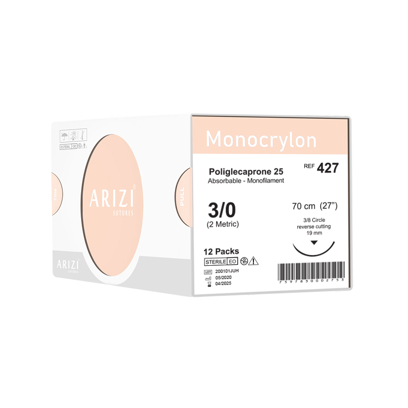 Sutura Monocrylon 427: Poliglecaprone 25 3/0 - 70 cm - Aguja de 3/8 Corte inverso 19 mm Caja x 12 Unds ARIZI Absorbible