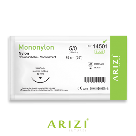 Sutura Mononylon 14501: Nylon 5/0 - 75 cm - Aguja de 3/8 Corte inverso 19 mm Und ARIZI No Absorbible