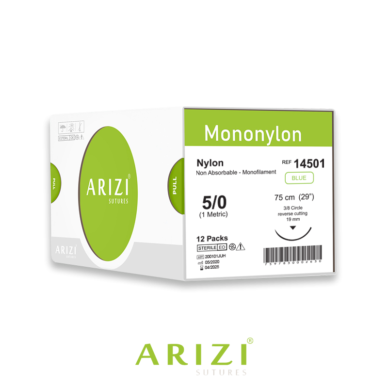 Sutura Mononylon 14501: Nylon 5/0 - 75 cm - Aguja de 3/8 Corte inverso 19 mm Caja x 12 Unds ARIZI No Absorbible
