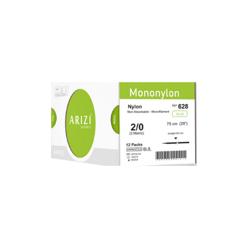 Sutura Mononylon 628: Nylon 2/0 - 75 cm - Aguja recta de Corte inverso 60 mm Caja x 12 Unds ARIZI No Absorbible 