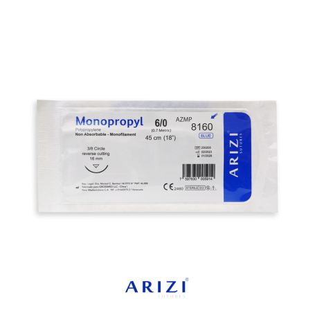 Sutura Monopropyl 8160: Polipropileno 6/0 - 45 cm - Aguja de 3/8 Corte inverso 16 mm Und ARIZI No Absorbible