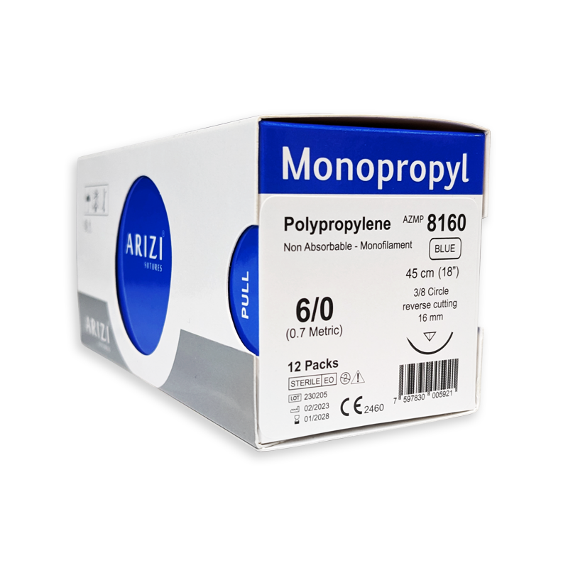 Sutura Monopropyl 8160: Polipropileno 6/0 - 45 cm - Aguja de 3/8 Corte inverso 16 mm Caja x 12 Unds ARIZI No Absorbible