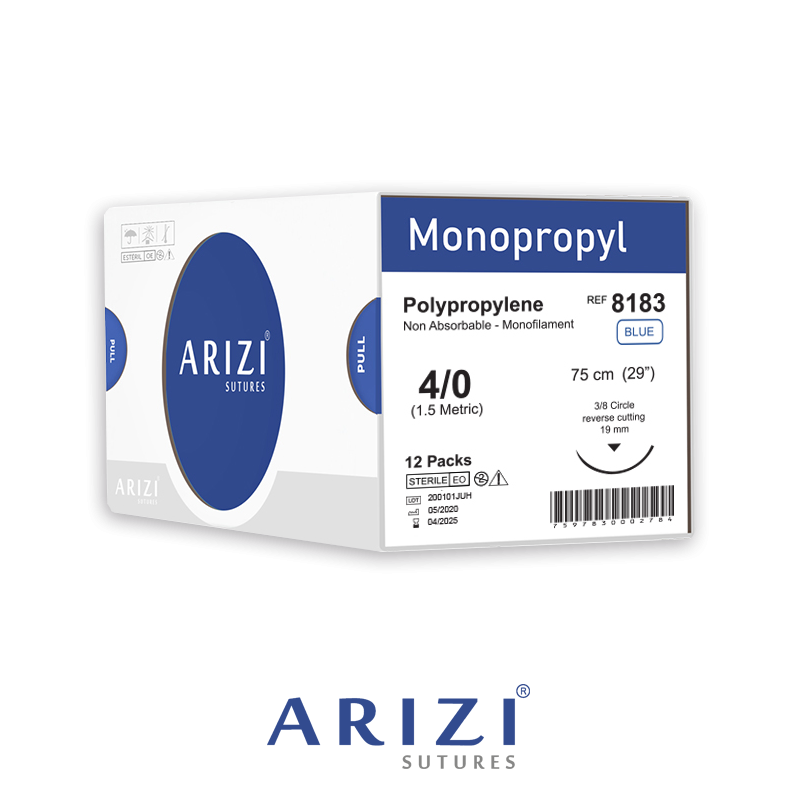 Sutura Monopropyl 8183: Polipropileno 4/0 - 75 cm - Aguja de 3/8 Corte Inverso 19 mm Caja x 12 Unds ARIZI No Absorbible 