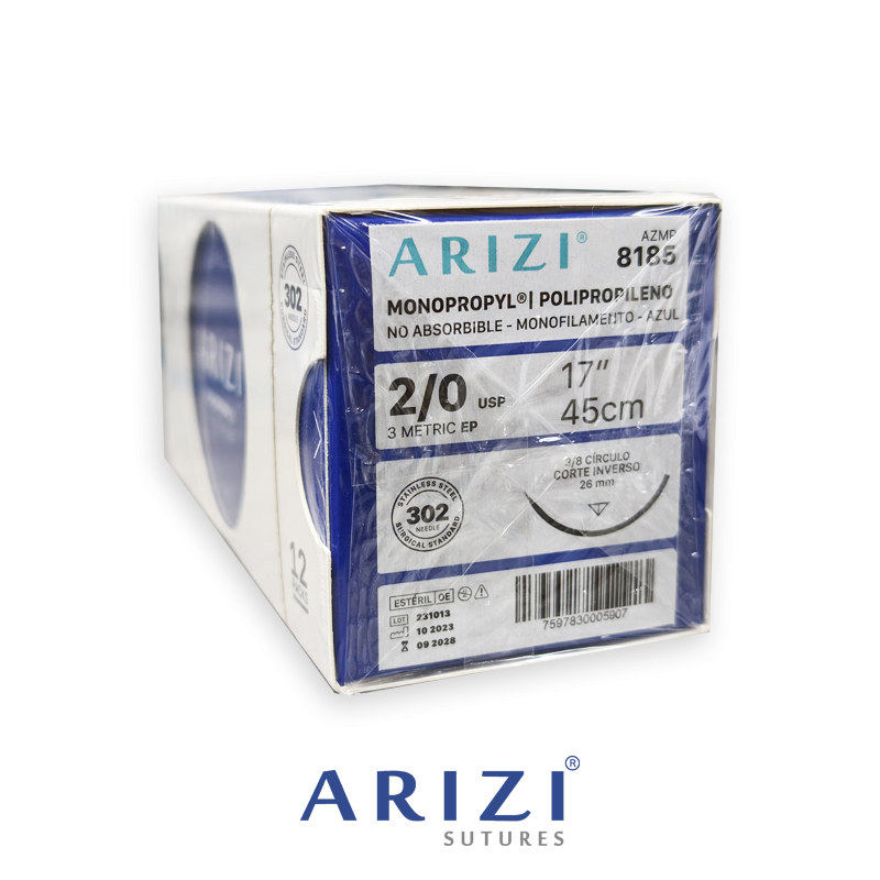 Sutura Monopropyl 8185: Polipropileno 2/0 - 45 cm - Aguja de 3/8 Corte Inverso 26 mm Caja x 12 Unds ARIZI No Absorbible