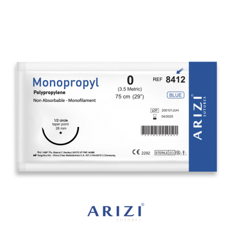 Sutura Monopropyl 8412: Polipropileno 0 - 75 cm - Aguja de 1/2 Circulo Punta Conica 26 mm Und ARIZI No Absorbible