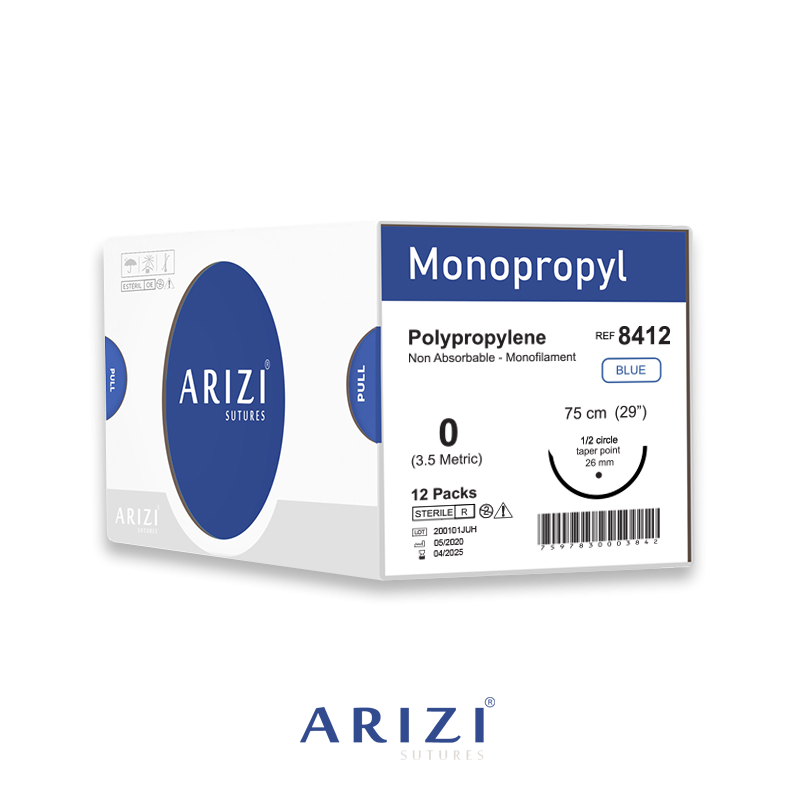 Sutura Monopropyl 8412: Polipropileno 0 - 75 cm - Aguja de 1/2 Circulo Punta Conica 26 mm Caja x 12 Unds ARIZI No Absorbible