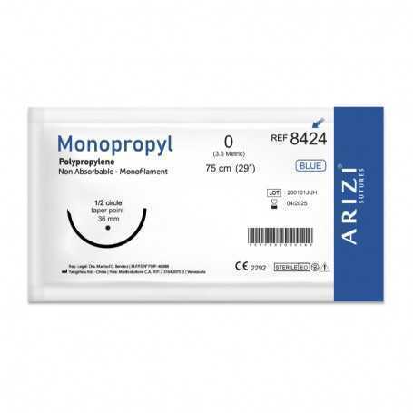 Sutura Monopropyl 8424: Polipropileno 0 - 75 cm - Aguja de 1/2 Circulo Punta Conica 36 mm Und ARIZI  No Absorbible