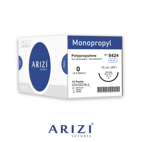 Sutura Monopropyl 8424: Polipropileno 0 - 75 cm - Aguja de 1/2 Circulo Punta Conica 36 mm Caja x 12 Unds ARIZI  No Absorbible