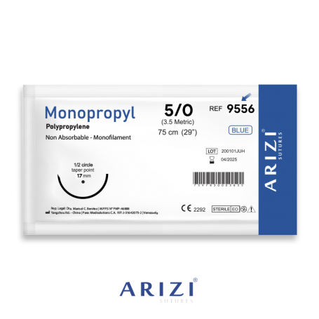 Sutura Monopropyl 9556: Polipropileno 5/0 - 75 cm - Aguja de 1/2 Circulo Punta Conica 17 mm Und ARIZI No Absorbible