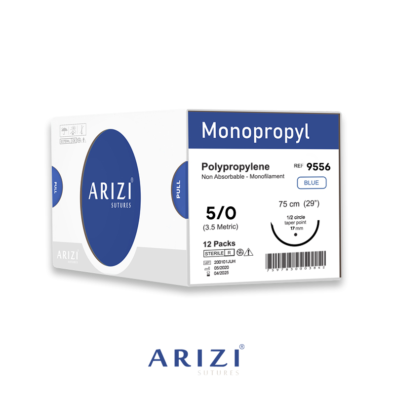 Sutura Monopropyl 9556: Polipropileno 5/0 - 75 cm - Aguja de 1/2 Circulo Punta Conica 17 mm Caja x 12 Unds ARIZI No Absorbible
