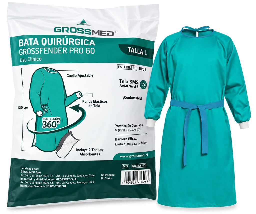 Bata para Cirujano Grossfender Pro Talla L 60g Und GROSSMED Estéril