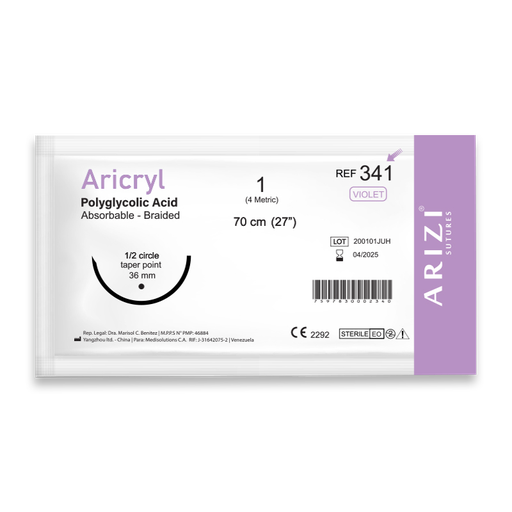 [SUT-ARI-ARI-BASE9] Sutura Aricryl 341: Acido Poliglicolico 1 - 70cm, aguja de 1/2 Circulo Punta Conica 36mm Und ARIZI Absorbible