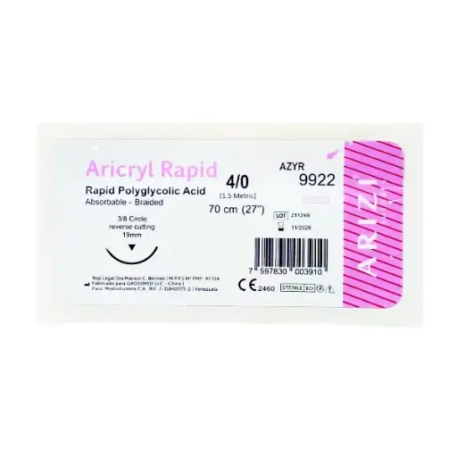 [SUT-ARI-ARI-BASE10] Sutura Aricryl Rapid 9922: Acido Poliglicolico Rapido 4/0 - 70cm, aguja de 3/8 Corte Inverso 19mm Und ARIZI Absorbible