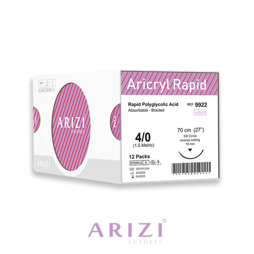 [SUT-ARI-ARI-KIT10] Sutura Aricryl Rapid 9922: Acido Poliglicolico Rapido 4/0 - 70cm, aguja de 3/8 Corte Inverso 19mm Caja x 12 Unds ARIZI Absorbible