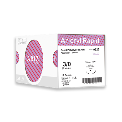 [SUT-ARI-ARI-KIT11] Sutura Aricryl Rapid 9923: Acido Poliglicolico Rapido 3/0 - 70cm, aguja de 3/8 Corte Inverso 19mm Caja x 12 Unds ARIZI Absorbible