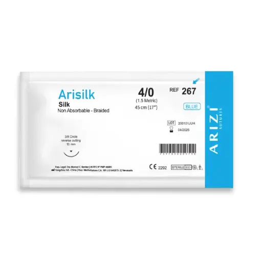 [SUT-ARI-ARI-BASE14] Sutura Arisilk 267: Seda 4/0 - 45 cm - Aguja de 1/2 Circulo Punta Conica 13 mm Und ARIZI No Absorbible