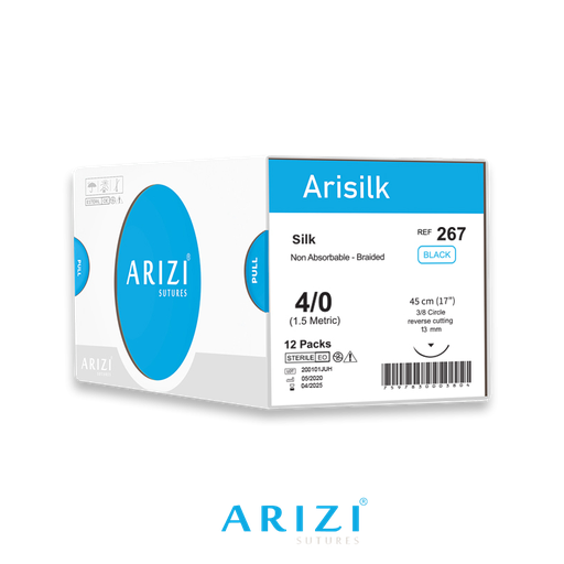 [SUT-ARI-ARI-KIT14] Sutura Arisilk 267: Seda 4/0 - 45 cm - Aguja de 1/2 Circulo Punta Conica 13 mm Caja x 12 Unds ARIZI No Absorbible