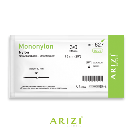 [SUT-MON-ARI-BASE13] Mononylon 627: Nylon 3/0 75 cm Aguja de 3/8 Corte Recto/Inverso 60 mm Und ARIZI No Absorbible