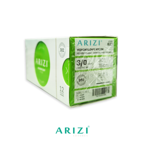 [SUT-MON-ARI-KIT13] Mononylon 627: Nylon 3/0 75 cm Aguja de 3/8 Corte Recto/Inverso 60 mm Caja x 12 Unds ARIZI No Absorbible