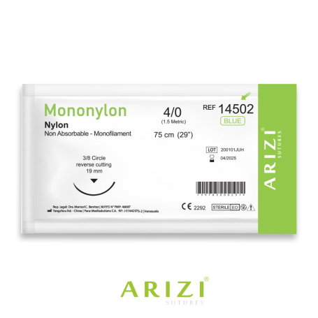 [SUT-MON-ARI-BASE14] Mononylon 14502: Nylon 4/0 75 cm Aguja de 3/8 Corte Inverso 19 mm Und ARIZI No Absorbible