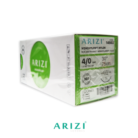 [SUT-MON-ARI-KIT14] Mononylon 14502: Nylon 4/0 75 cm Aguja de 3/8 Corte Inverso 19 mm Caja x 12 Unidades ARIZI No Absorbible