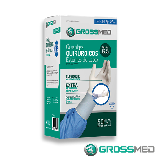 Guantes Quirurgicos de Latex Caja x 50 Pares GROSSMED Esteriles Sin polvo 