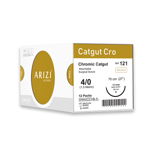 [SUT-CAT-ARI-KIT1] Sutura Catgut Cro 121: Cromico 4/0 - 70 cm Aguja de 1/2 Circulo Punta Conica 26 mm Caja x 12 Unds ARIZI Absorbible