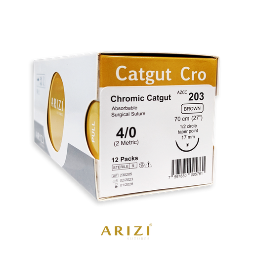 [SUT-CAT-ARI-KIT3] Sutura Catgut Cro 203: Cromico 4/0 - 70 cm - Aguja de 1/2 Circulo Punta Conica 17 mm Caja x 12 Unds ARIZI Absorbible