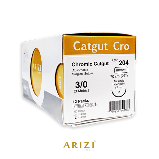 [SUT-CAT-ARI-KIT4] Sutura Catgut Cro 204: Cromico 3/0 - 70 cm - Aguja de 1/2 Circulo Punta Conica 17 mm Caja x 12 Unds ARIZI Absorbible