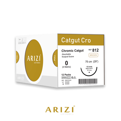 [SUT-CAT-ARI-KIT5] Sutura Catgut Cro 812: Cromico 0 - 75 cm - Aguja de 1/2 Circulo Punta Conica 37 mm Caja x 12 Unds ARIZI Absorbible