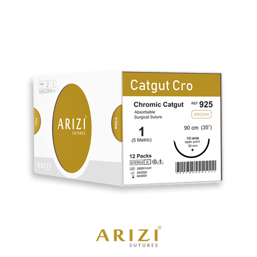 [SUT-CAT-ARI-KIT8] Sutura Catgut Cro 925: Cromico 1 - 90 cm - Aguja de 1/2 Circulo Punta Conica 36 mm Caja x 12 Unds ARIZI Absorbible