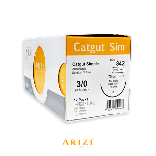[SUT-CAT-ARI-KIT9] Sutura Catgut Sim 842: Simple 3/0 - 70 cm - Aguja de 1/2 Circulo Punta Conica 36 mm Caja x 12 Unds ARIZI Absorbible