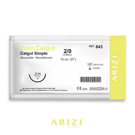 [SUT-CAT-ARI-BASE10] Sutura Catgut Sim 843: Simple 2/0 - 70 cm - Aguja de 1/2 Circulo Punta Conica 37 mm Und ARIZI Absorbible