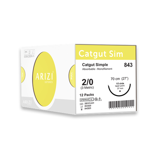 [SUT-CAT-ARI-KIT10] Sutura Catgut Sim 843: Simple 2/0 - 70 cm - Aguja de 1/2 Circulo Punta Conica 37 mm Caja x 12 Unds ARIZI Absorbible