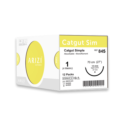 [SUT-CAT-ARI-KIT12] Sutura Catgut Sim 845: Simple 1 - 70 cm - Aguja de 1/2 Circulo Punta Conica 37 mm Caja x 12 Unds ARIZI Absorbible