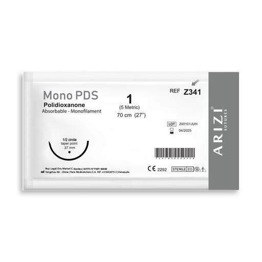 [SUT-MON-ARI-BASE1] Sutura Mono PDS Z341: Polioxanone 1 - 70 cm - Aguja de 1/2 Circulo Punta Conica 37 mm Und ARIZI Absorbible