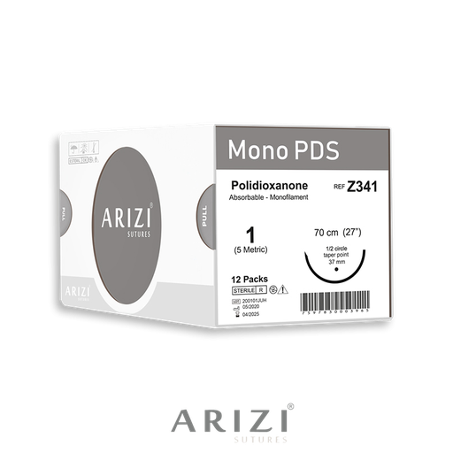 [SUT-MON-ARI-KIT1] Sutura Mono PDS Z341: Polioxanone 1 - 70 cm - Aguja de 1/2 Circulo Punta Conica 37 mm Caja x 12 Unds ARIZI Absorbible