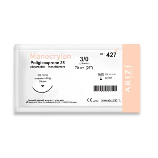 [SUT-MON-ARI-BASE3] Sutura Monocrylon 427: Poliglecaprone 25 3/0 - 70 cm - Aguja de 3/8 Corte inverso 19 mm Und ARIZI Absorbible